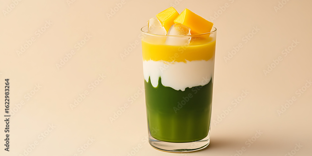 Poster refreshing layered drink with green, white and yellow layers topped with mango cubes and ice, creati