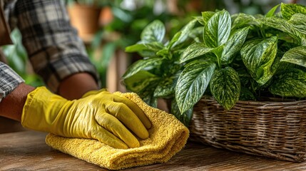 Person cleaning a wooden surface with a yellow cloth