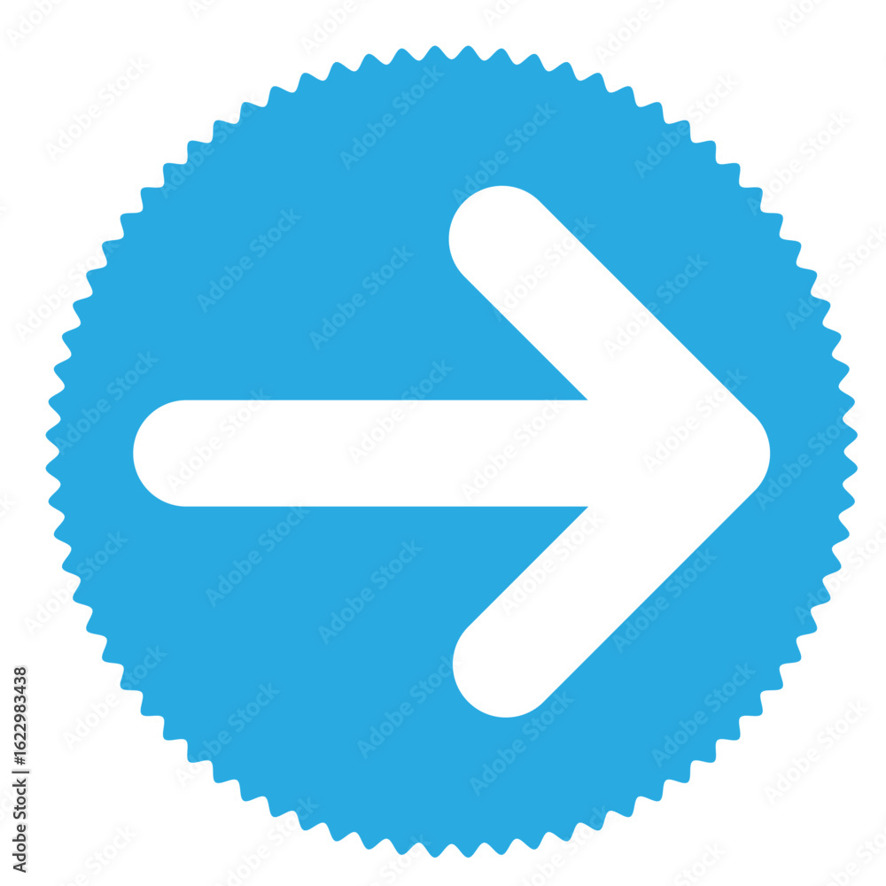 Poster white arrow icon pointing right on blue circular badge with serrated edge, decorative navigation sym