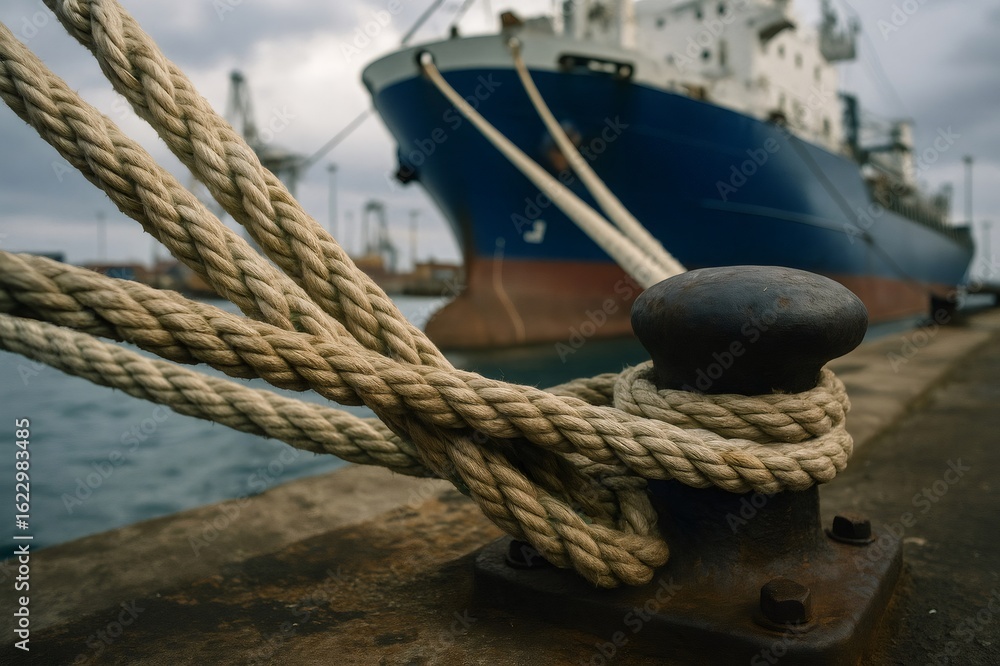 Poster close up of mooring ropes tied around a bollard, securing a large container ship to the dock in a bu