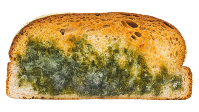 Moldy bread slice showcasing transparent green and brown textures with a unique contrast