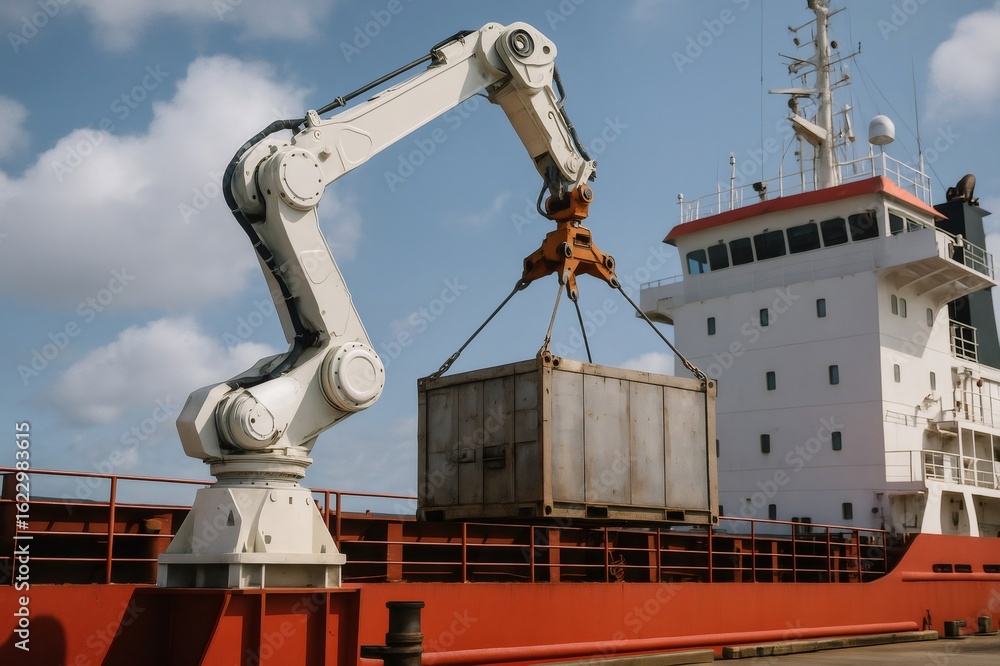 Poster robotic crane loading cargo container onto a ship, showcasing automation in modern shipping and logi