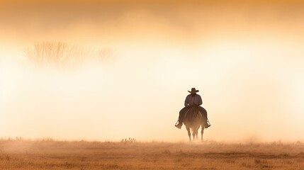 Silhouette of a man riding a horse wearing a cowboy hat in the dust of the prairie.