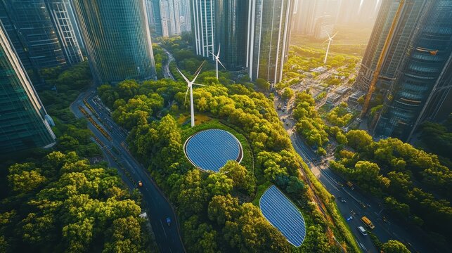 Photorealistic visualization of a sustainable urban development in the context of wind turbines, with solar-covered buildings, wind turbines, electric vehicles