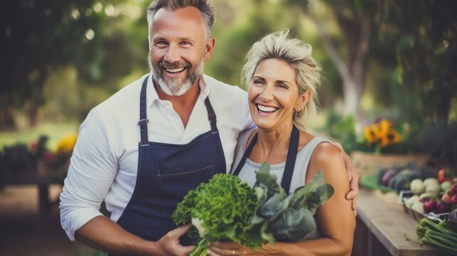 Happy middle aged Caucasian couple with their garden vegetable crop. Natural products as the basis of health at any age. They are standing in apron in greenhouse. - Powered by Adobe