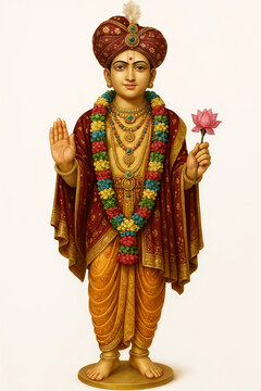 Statue of Bhagwan Swaminarayan in Traditional Attire Holding Lotus &ndash; Hindu God Idol