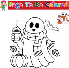 Cute Halloween Ghost with Scarf Holding Hot Drink Coloring Page for Kids with Pumpkin and Leaves Vector

