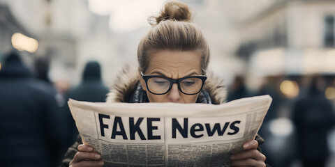 Woman reading "Fake News" newspaper in city. Concern about media credibility and disinformation in a crowded public space. Eyeglasses & puzzled look.