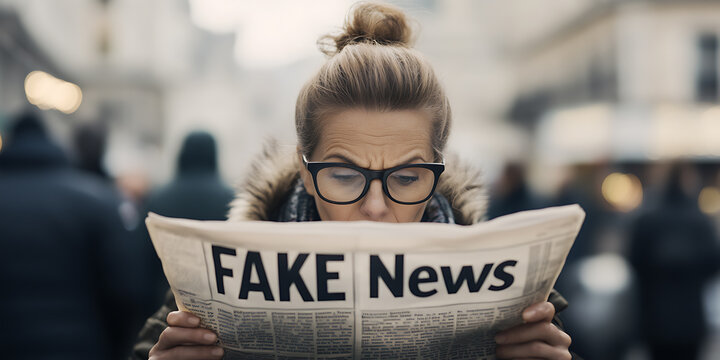 Woman reading "Fake News" newspaper in city. Concern about media credibility and disinformation in a crowded public space. Eyeglasses & puzzled look.
