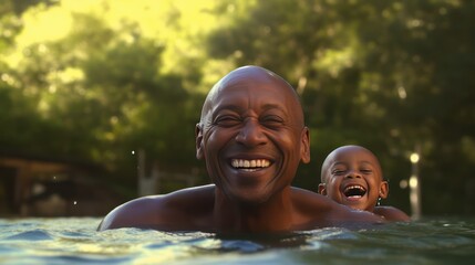 Portrait of a happy father with her son having fun in pool. Dad and boy swims in the pool after going down the water slide in summer