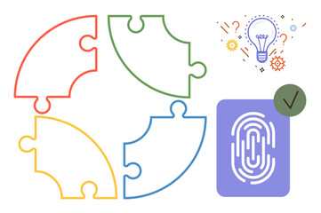 Four puzzle pieces forming a circle, lightbulb with creative elements, fingerprint with checkmark. Ideal for teamwork, innovation, security, problem-solving, creativity, authentication integration
