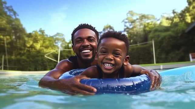 Portrait of a happy father with her son having fun in pool. Dad and boy swims in the pool after going down the water slide in summer