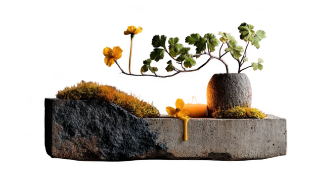A minimalist arrangement of a potted plant with yellow flowers, a lit candle, and moss on a stone base, isolated on transparent background