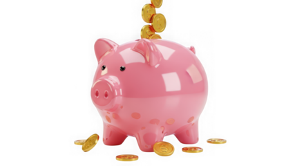 Ai generated image of pink piggy bank with gold coins falling into it, isolated on transparent background