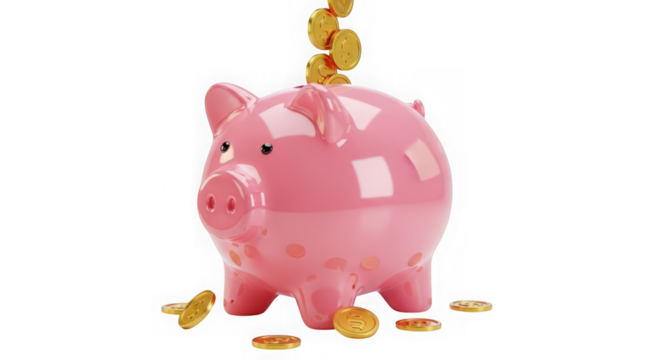 Ai generated image of pink piggy bank with gold coins falling into it, isolated on transparent background