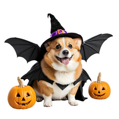 An adorable Corgi dog dressed in a fun Halloween costume with bat wings and a witch hat, posing with two smiling jack-o-lanterns on white.