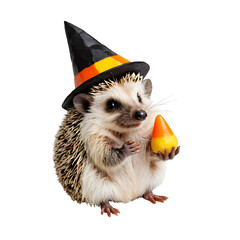 A charming hedgehog celebrates Halloween, wearing a pointy witch hat and holding a candy corn sweet. Isolated studio portrait on a white background.
