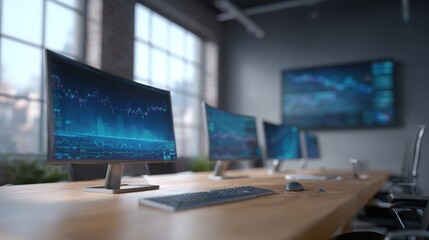 Naklejka premium Business Meeting with Tech: The conference room is a hive of technological sophistication, showcasing monitors displaying data visualizations, ready for important discussions, decision-making.