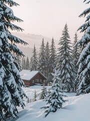 Cozy Wooden Cabin in a Snow-Covered Winter Forest with Misty Mountains