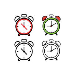 Vector art of collection of alarm clocks in different colors, isolated on white background