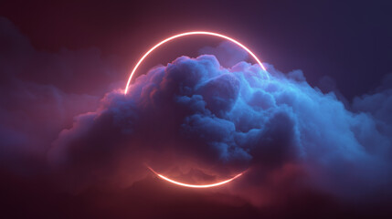 An abstract cloud, illuminated with a neon light ring, on a dark, colorful, glowing, round frame in the sky background with smoke and fog