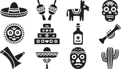 Festive Vector Collection of Mexican Cultural Symbols Sombrero Maracas Donkey Skull Cactus and Fiesta Elements