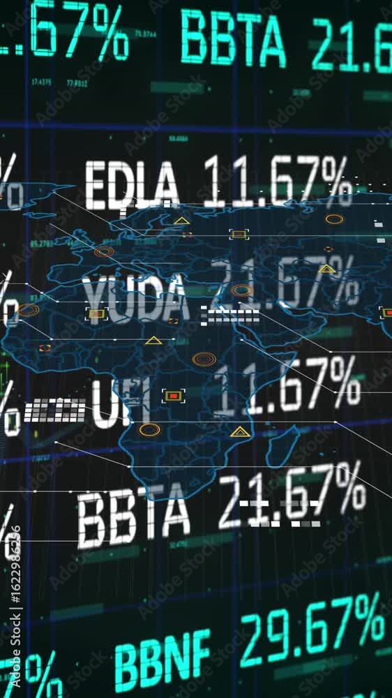 Aufkleber animation of data processing and stock market over world map on black background