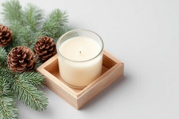 Warm candlelight surrounded by pinecones and greenery creates co
