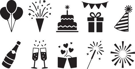 Joyful Gathering Icons Set Balloons Confetti Cake Gift Bunting Hat Champagne Toast Fireworks Black Silhouettes