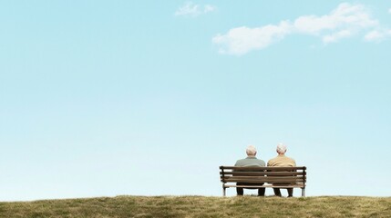 Two elderly men sitting on a bench in a park, enjoying the view of a clear blue sky with a few clouds.