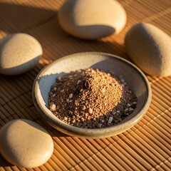 Close up of natural scrub in bowl with pebbles on bamboo surface