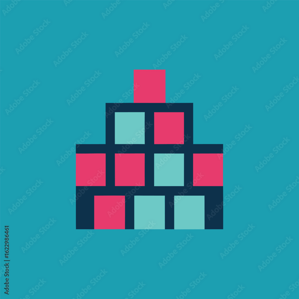 Poster vector art of pixelated building blocks tower in retro game style on teal background