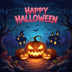 Happy halloween with glowing pumpkins and haunted houses