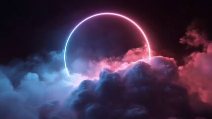 An abstract cloud, illuminated with a neon light ring, on a dark, colorful, glowing, round frame in the sky background with smoke and fog