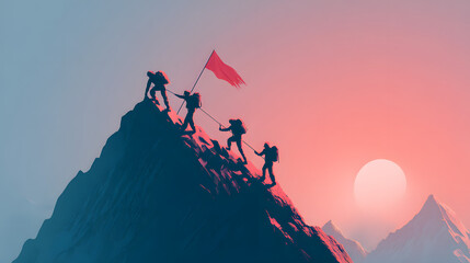 Teamwork to get success together, mountaineers helping each other to climb up on top of the mountain peak, leadership to lead team to achieve the target. Pinnacle. Illustration