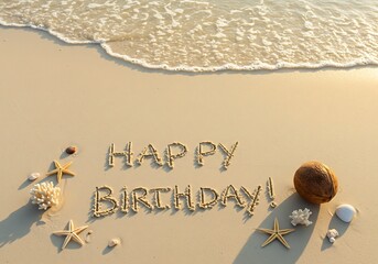 Happy Birthday Message Written in Sand on a Beach. Generative Ai