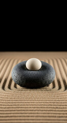  Zen Garden with a Smooth White Stone on a Textured Black Lava Rock in Raked Sand