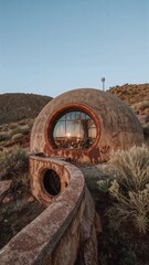 Obraz premium Unique Dome House with Large Circular Window in Arid Landscape at Sunset
