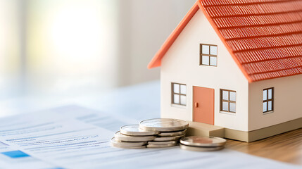 Investing in property: Miniature house with stacked coins on documents, suggesting home ownership, financial planning, and investment opportunities.