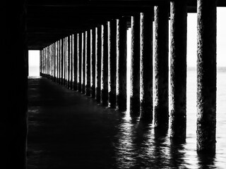Black and white view beneath a pier showing rows of barnacle-encrusted columns receding into bright...