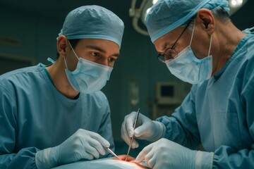 Two surgeons collaborating in an operating room, with a senior doctor guiding and mentoring a younger colleague during surgery
