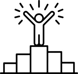 Stylized winner stands triumphantly on a podium with arms raised in celebration