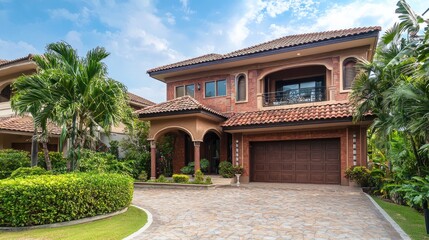Naklejka premium A luxurious, Mediterranean-style villa with a tiled roof, large windows, and a stone driveway leading to a garage.