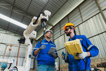 robotics engineers checking a robot arm in an industrial factory