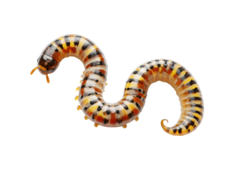 Close-up of a segmented, colorful arthropod.  Striped, curved body with light and dark segments.  Distinct pattern of yellow, orange, and brown