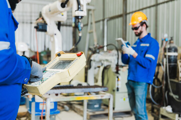 robotics engineers checking a robot arm in an industrial factory