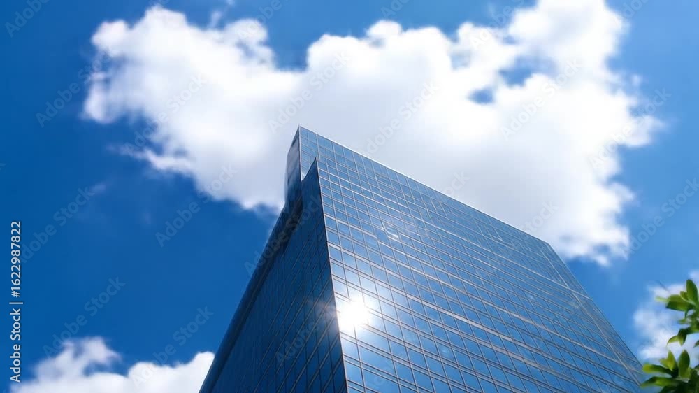 Aufkleber modern glass skyscraper reflecting blue sky and clouds with sharp peak design in low angle view unde