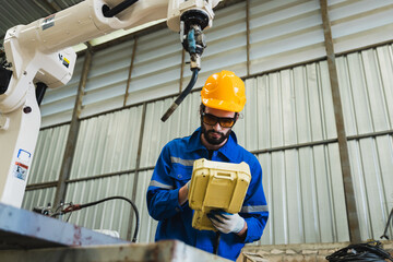 robotics engineer checking a robot arm in an industrial factory