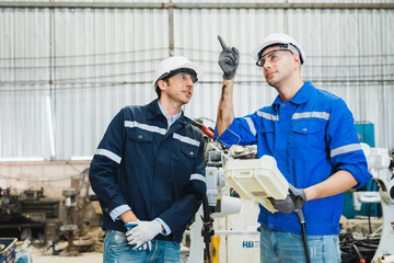 robotics engineers checking a robot arm in an industrial factory