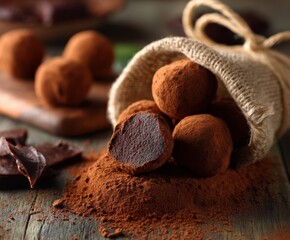 Chocolate truffles covered with cocoa powder on wooden table